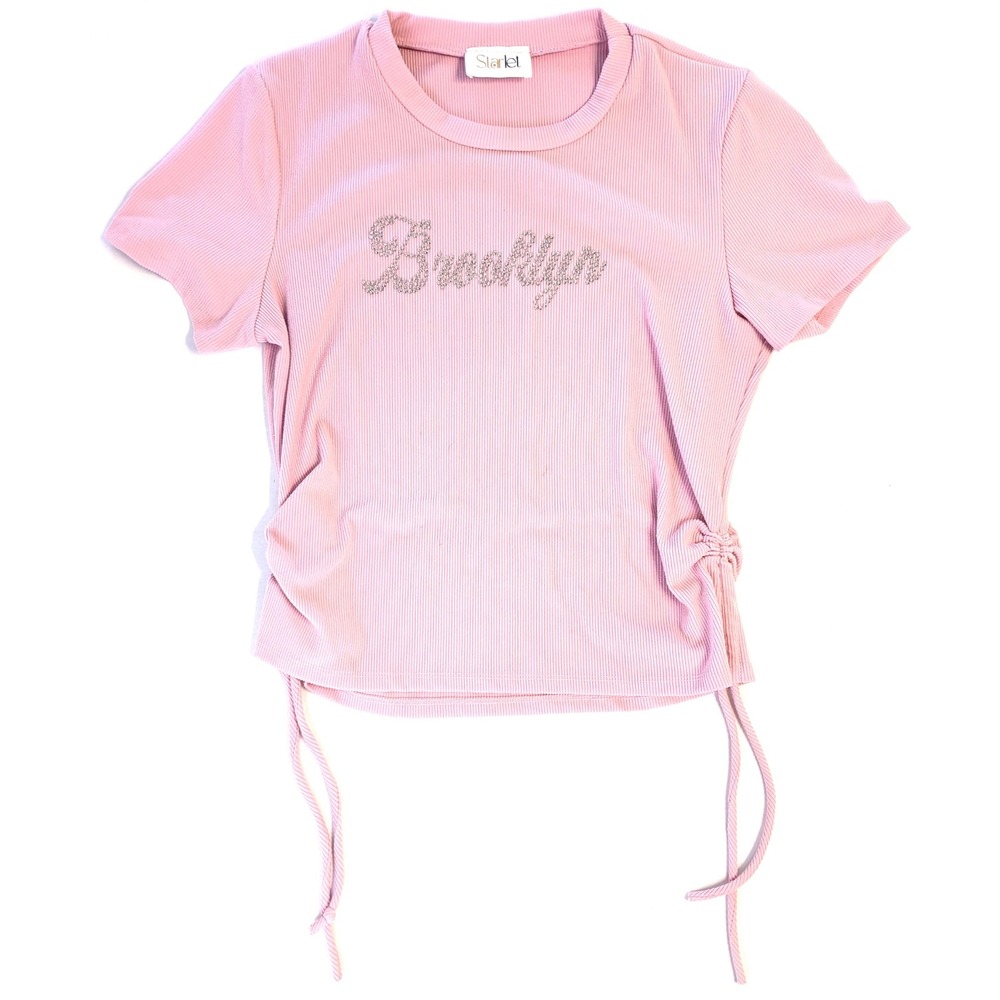 Starlet Pink Ribbed Brooklyn Rhinestone Cinch Side Graphic T-Shirt Womens Top